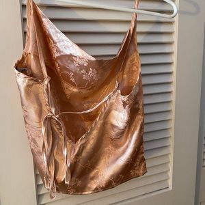 Pink, silk, floral embroidery tie tank top